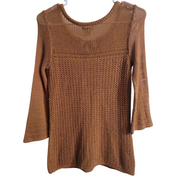 Lucky Brand Boho Crochet Sweater Brown Tie Neck Open Knit Semi Sheer Top Small - Picture 8 of 10